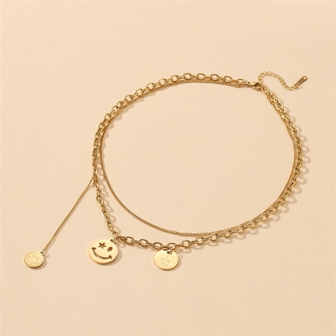 Double Layer Necklace Gold Plated Stainless Steel Smiley Face Star Heart Moon Engraved Pendant Jewelry For Women