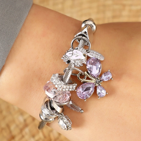 Bracciale Rigido Con Charm In Acciaio Inossidabile Da Donna Con Ciondolo A Farfalla In Cristallo Viola Di Moda
