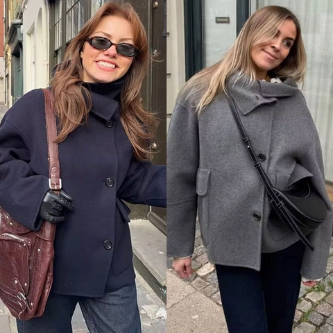 Veste En Laine Pour Femmes Col Montant Simple Boutonnage Manches Longues Manteau Court Ample Automne Hiver