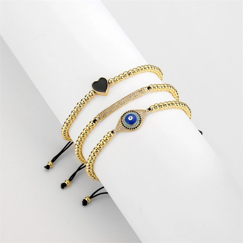 Boze Oog Herz Hamsa Hand Armband Kupfer Zirkon Mikropflaster Verstellbar Geflochtenes Seil Kunstperle Mode Schmuck Damen