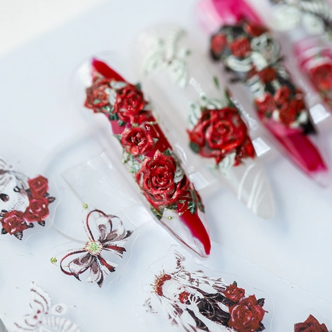 Autocollants Ongles Gothiques Relief 3D Rose Rouge Crâne Papillon Auto-Adhésif Décalcomanies Manucure