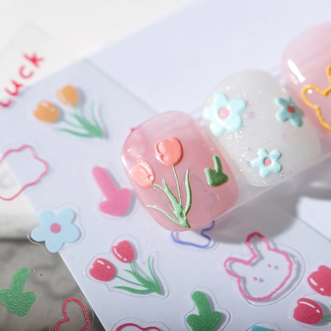 3D Relief Nail Art Stickers Cartoon Bunny Tulip Flower Macaron Colors Self Adhesive DIY Manicure Decoration Decals