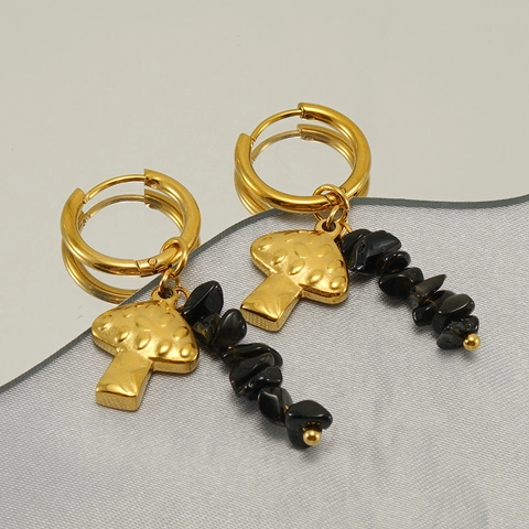 Mushroom Pendant Hoop Earrings 18K Gold Plated Stainless Steel Natural Black Stone Chips Irregular Retro Jewelry Women
