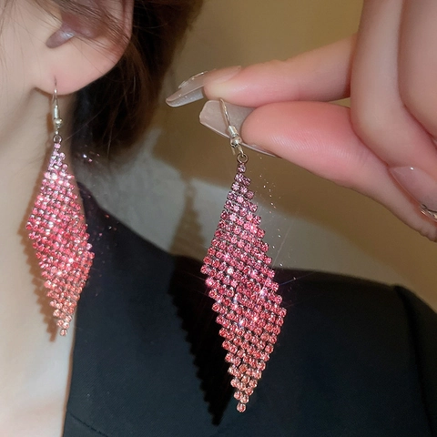Ruit Drop Oorbellen Legering Strass Kwast Geometrisch Met Zilveren Oorbelsteker Mode