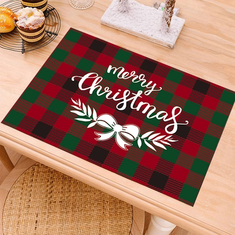Set De Table Noël Faux Lin Carreaux Buffalo Résistant À La Chaleur Imprimé Père Noël Décoration De Table De Fête