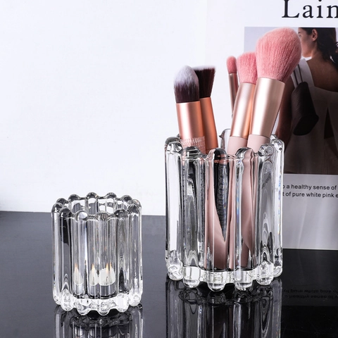 Vertical Ribbed Glass Makeup Brush Holder Crystal Pleated Pen Cup Transparent Wavy Edge Candle Holder Desktop Organizer