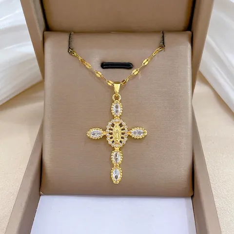 Collier Pendentif Croix Vierge Marie Plaqué Or Chaîne En Acier Inoxydable Cuivre Zircon Bijoux Religieux Pour Femmes
