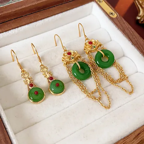 Pipa Lute Tassel Earrings Gold Plated Copper With Green Imitation Jade Pingan Buckle And Red Gemstone Chinese Style