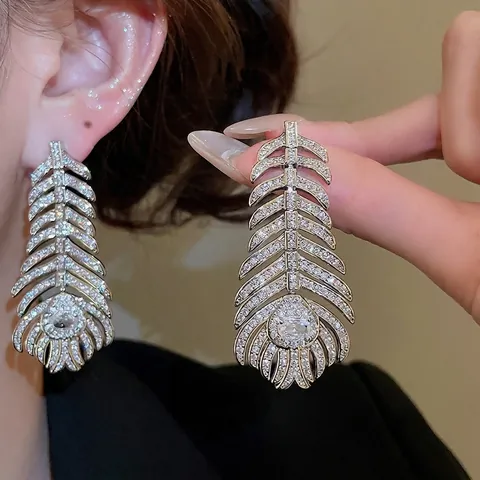 Feather Dangle Earrings With Cubic Zirconia Brass Statement Jewelry With Silver Earring Post Elegant Party For Women