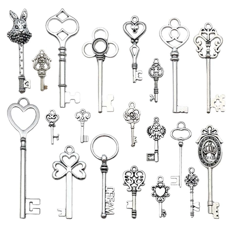 Vintage Antique Silver Key Charms Alloy Metal Pendants Heart Crown Rabbit For DIY Jewelry Making Steampunk Style