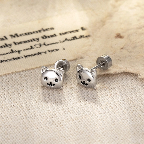 Cartoon Cat Cartilage Earring Stud Titanium Steel Copper Screw Back Glossy Kitten Ear Bone Nail Sweet Style Jewelry