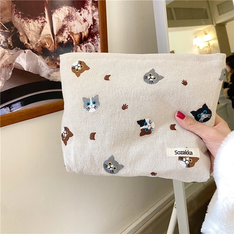Borsa Per Cosmetici In Tela Borsa Gatto Ricamato Organizer Per Trucco In Cotone E Lino Portafoglio Con Cerniera Per Donne Ragazze