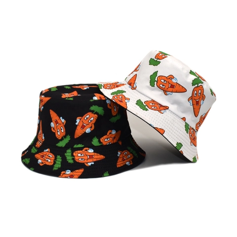 Cappello Da Pescatore Cotone Stampa Carota Cartone Animato Protezione Solare Tesa Larga Casual Per Uomini Donne