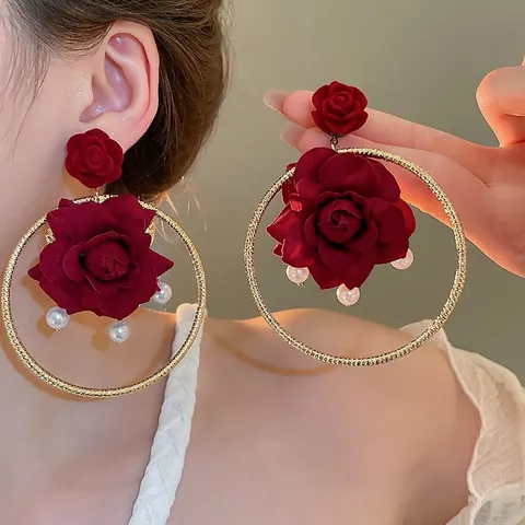 Pendientes De Rosa Con Poste De Plata Esterlina 925 Pétalo De Tela Perla Artificial De Imitación Aro Dorado Estilo Vintage
