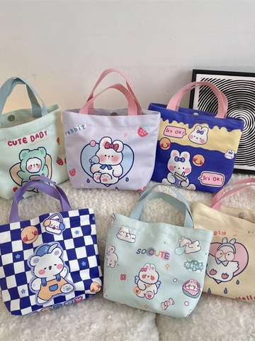 Bolso De Lona Con Estampado De Animales De Dibujos Animados Kawaii Patrón De Conejo Oso Tote Bag Con Hebilla Magnética