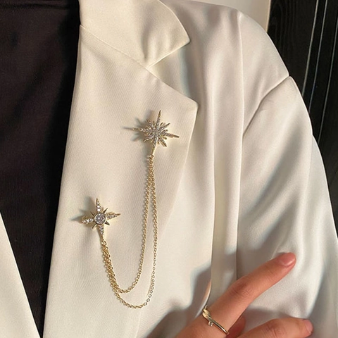 Elegant Alloy Rhinestone Double Star Chain Brooch Gold Hexagram Tassel Pin For Suit Coat Unisex Fashion Accessories