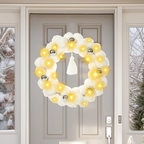 Weihnachts Kranz Weißer Bommel Tür Deko Silberne Kugel Ornamente Warme LED Lichter Quaste Plüsch Winter Dekoration