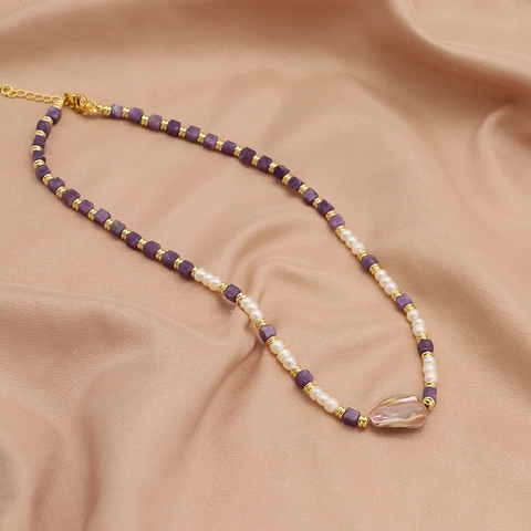 Baroque Freshwater Pearl Amethyst Beaded Necklace 18K Gold Plated Retro Adjustable Handmade Choker Necklace Women Jewelry
