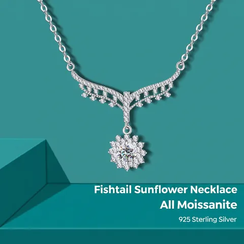 925 Sterling Silver Moissanite Sunflower Necklace For Women Fashion Fish Tail Sun Flower Pendant Necklaces Jewelry Gift
