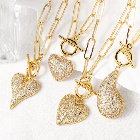 Collana Pendente Cuore Goccia Rame Placcato Oro Zirconia Catena A Graffetta Chiusura A Gancio Gioielli Di Moda Per Donna