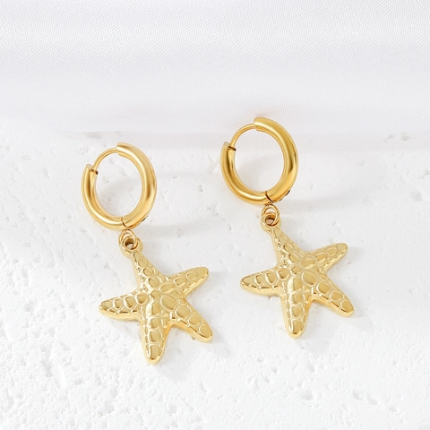 Starfish Hoop Earrings Gold Plated Stainless Steel Textured Ocean Marine Style Fashion Jewelry For Women
