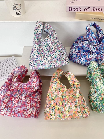 Mini Handbag Corduroy Floral Print Wrist Bag Small Casual Tote For Women Daily Use With Checkered Lining