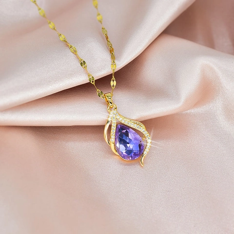 Tropfen Anhänger Halskette Titanstahl Vergoldet Minimalistisch Elegant Zirkonia Schmuck Für Frauen