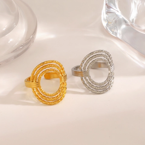 Stainless Steel Hollow Round Ring Multi Layer Textured Geometric Open Adjustable Fashion Jewelry Women
