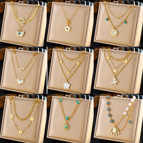 Layered Necklace Gold Plated Stainless Steel Multi-Layer Chain Pendant Heart Butterfly Flower Retro Trendy For Women