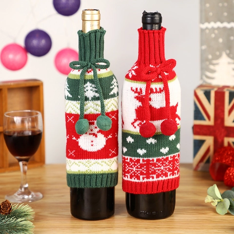 Christmas Wine Bottle Covers Knitted Polyester Reindeer Snowman Pattern Holiday Party Dinner Table Decoration Drawstring Pom Pom Decor