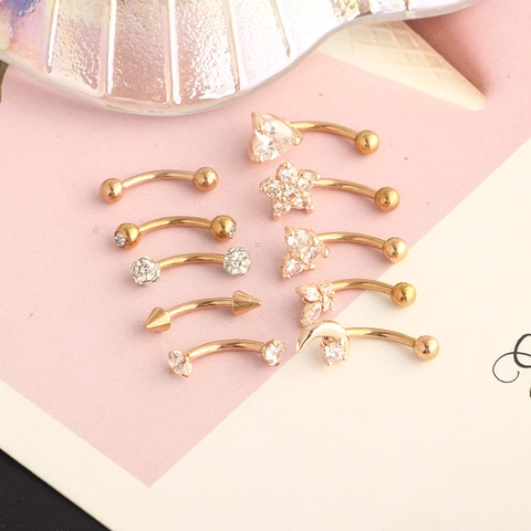 Stainless Steel Curved Barbell Piercing Set Heart Star Moon Shape Rhinestone Eyebrow Ear Cartilage Stud Lip Ring For Unisex Jewelry