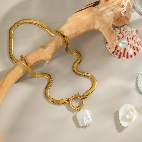 Collana Pendente Perla Artificial Barocca Placcato Oro 18K Acciaio Inossidabile Catena Serpente Impermeabile Gioielli Vintage Stile Francese Donna