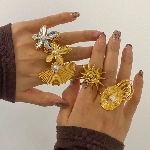 Stainless Steel Statement Rings For Women 18K Gold Plated Flower Sun Spiral Bohemian Adjustable Jewelry With Artificial Pearl