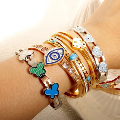 Bracelet Jonc Mauvais Œil Forme De Cœur Acier Inoxydable Émail Strass Boucle À Charnière Bijoux Pour Femmes Boho