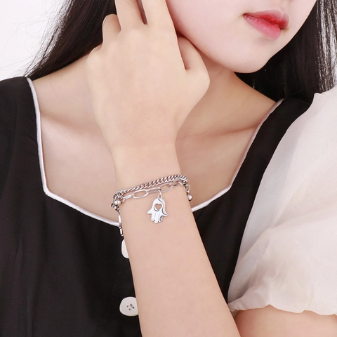 Hamsa Hand Anhänger Layered Armband Edelstahl Perlen Böser Blick Charme Schmuck Für Damen Boho Stil
