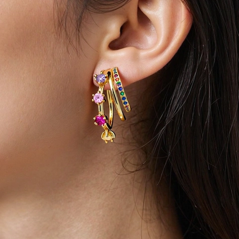 Multi Layer C Förmige Creolen 18K Vergoldetes Kupfer Bunte Zirkonia Trendiger Boho Schmuck Für Damen