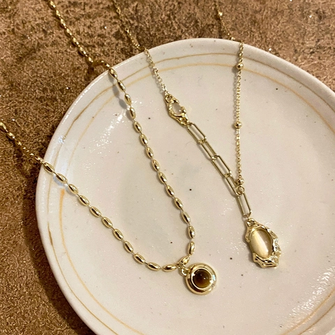 Collana Con Ciondolo A Nodo Di Bambù Retrò Lega Di Rame Con Pietra Sintetica Semplice Catena Di Clavicola Donna