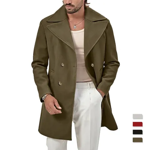 Heren Double Breasted Pea Coat Medium Lengte Slim Fit Wolmix Revers Britse Stijl Overjas