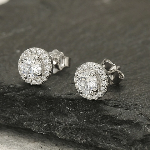 925 Sterling Silver Stud Earrings Round Zircon Halo Geometric Elegant Fashion Jewelry For Women