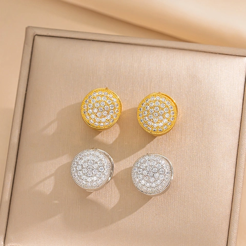 Pendientes De Disco Redondo Con Circonita Cúbica Pavé Completo Joyería De Cobre Retro Francés Elegante Mujer