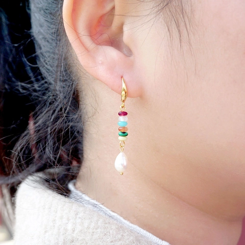 Orecchini Pendenti con Perle d'Acqua Dolce e Pietre Colorate in Nuovo Stile Cinese Gioielli Retrò Fatti a Mano per Donna