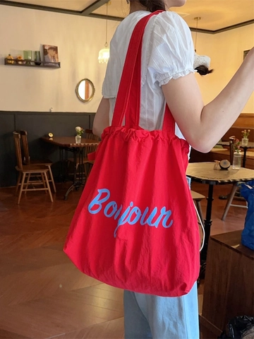 Drawstring Tote Bag Polyester Letter Print Large Capacity Casual Shoulder Bag Women School Daily Korean Style