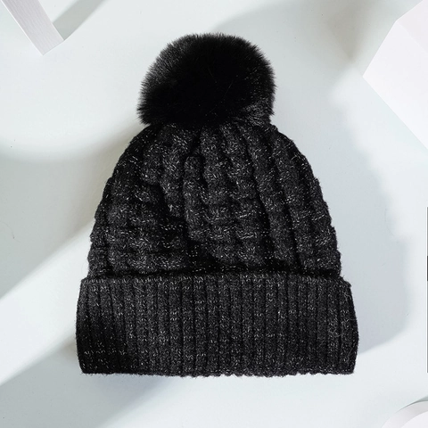 Damen Winter Strickmütze Mit Großem Kunstpelz Bommel Fleece Gefüttert Warm Dick Strick Glitzer Satin Waffelstruktur
