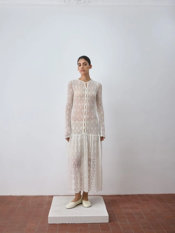 Women Hollow Out Crochet Knit Maxi Dress Long Sleeve V Neck See Through Mesh Solid Color Sexy Vacation Streetwear