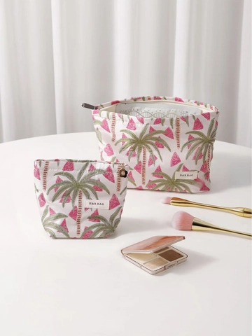 Makeup Bag Cosmetic Pouch Jacquard Canvas Palm Tree Pattern Zipper Portable Travel Organizer For Women