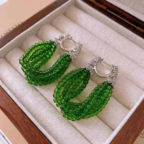 Vintage Green Beaded Hoop Earrings With Zircon Silver Earring Post Copper Multi-Layer Tassel Retro Luxury Style For Women