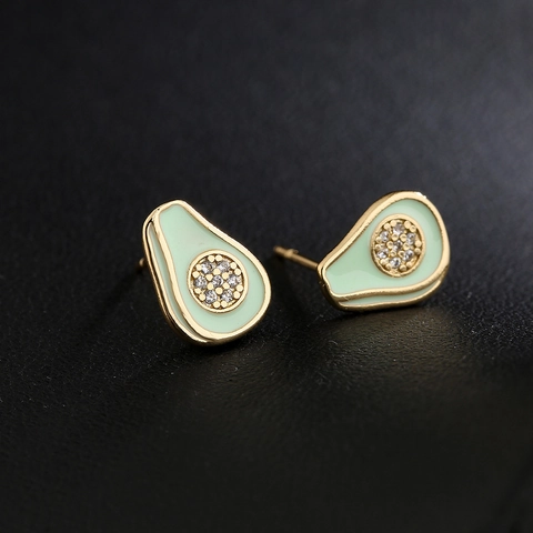 Boucles D'oreilles Avocado Cuivre Plaqué Or 18K Émail Zircone Forme De Fruit Bijoux Pour Femmes Filles Style Doux