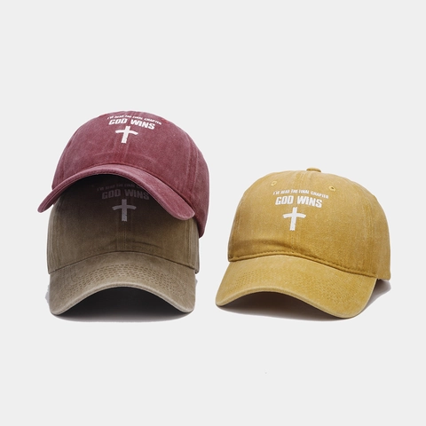 Cappellino Da Baseball In Cotone Lavato Vintage Distressed Retro Cappello Sole Stampa Croce God Wins Regolabile Streetwear