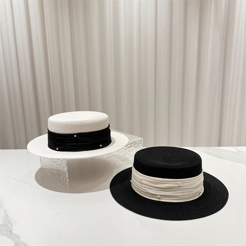 Women French Style Boater Straw Hat With Artificial Pearl Satin Ribbon Sun Protection For Beach Vacation Summer Elegant