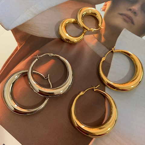 Chunky Hoop Ohrringe Minimalistisch Französisch Retro Poliertes Metall Mit 925 Sterling Silber Ohrringpfosten